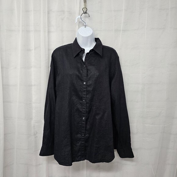 Chaps Black 100% Linen Button Roll Tab Blouse Preppy Minimalist XL - Picture 1 of 12